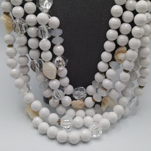 Vintage White Clear Glass Bead Necklace, Shell Flower Pendant, 27 Inches - Picture 5 of 10